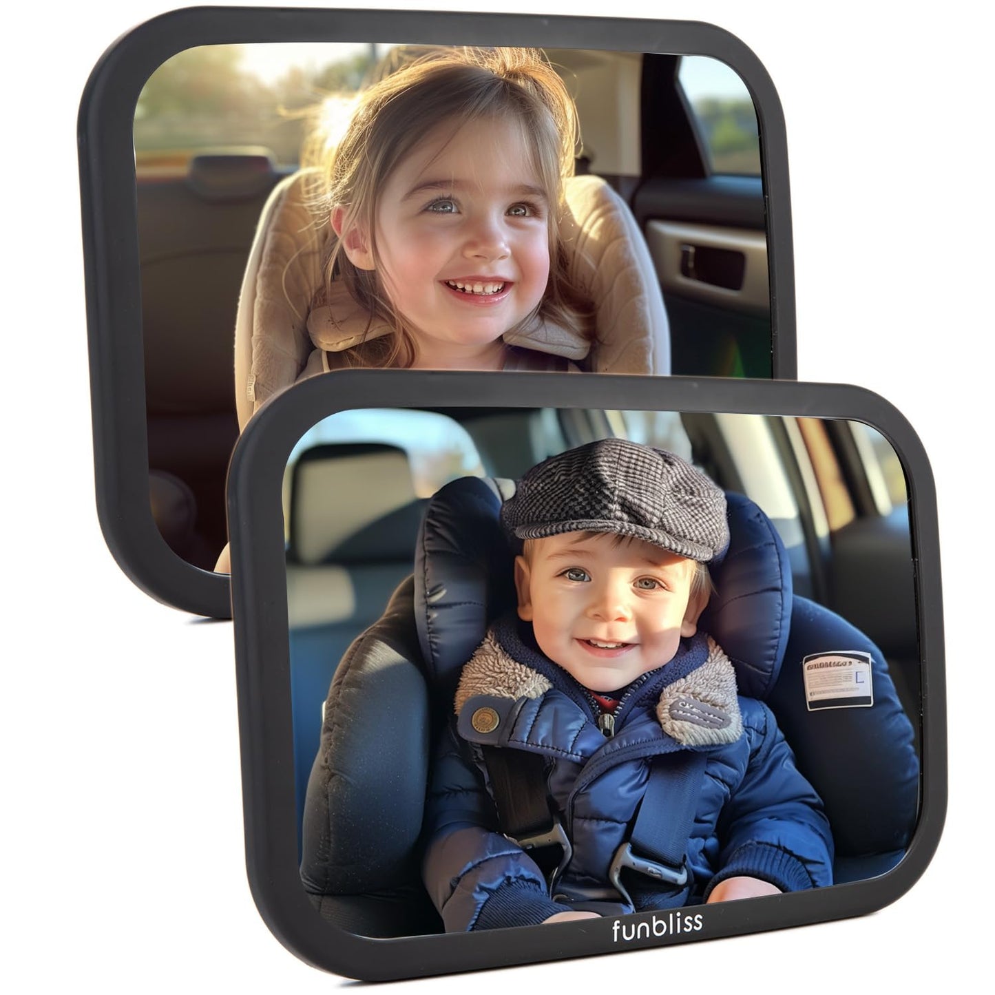 Funbliss Baby Spiegel Auto, 360° Drehbar für Einfache Anpassung,Bruchsicheres Acrylglas, Robuste Gurte, Einfach Montieren, Autospiegel Baby Rückbank