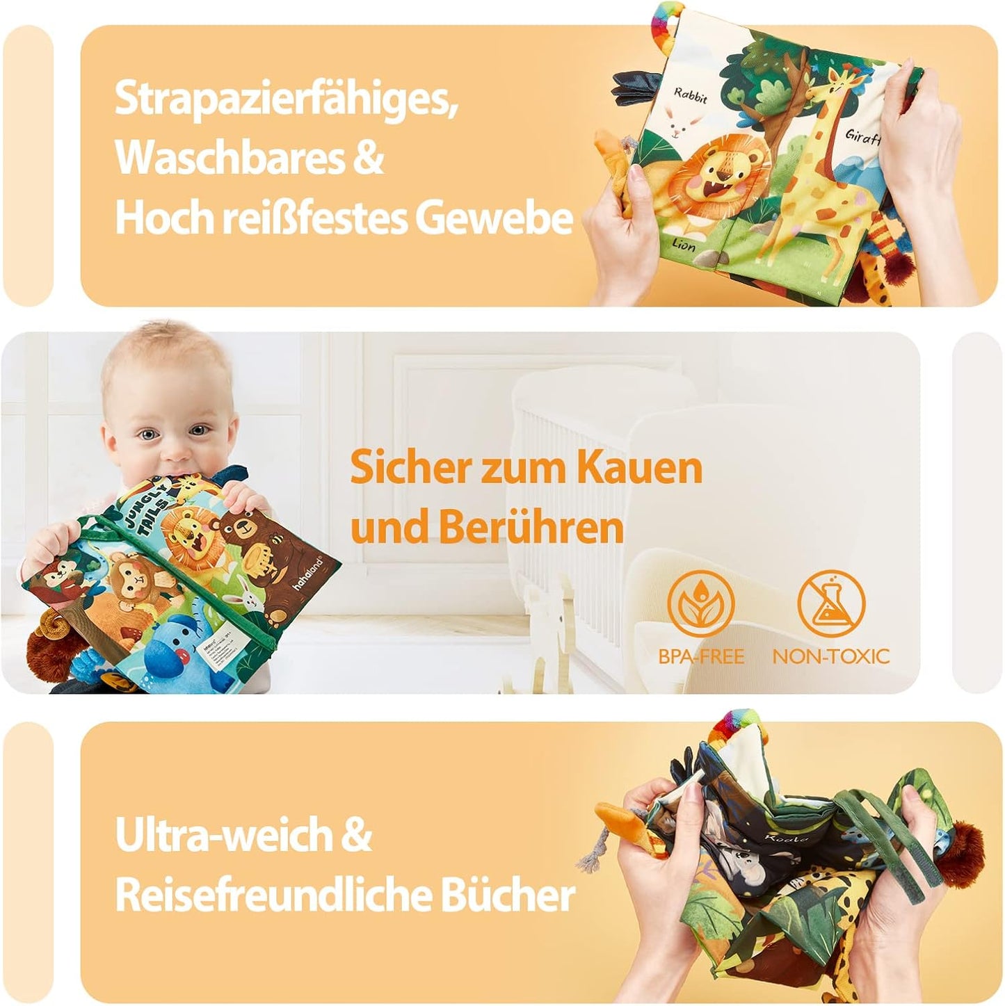 hahaland Baby Spielzeug Stoffbuch ab 0 3 6 Monate, Baby Buch Spielzeug ab 6 Monate, 3D Bilderbuch Stoffbücher Fühlbuch Knisterbuch ab 0 3 6 Monate, Quiet Book Geschenk für Jungen Mädchen