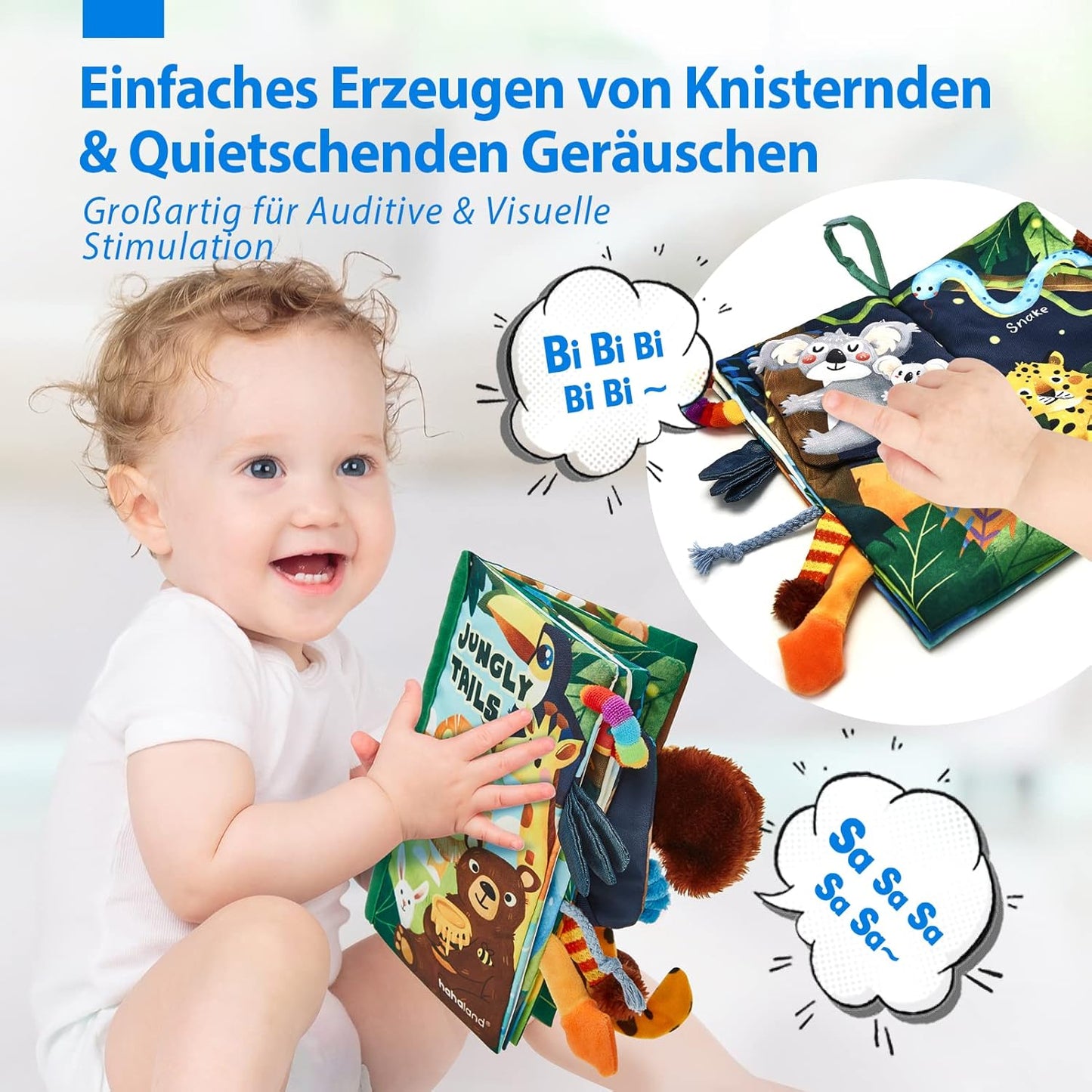 hahaland Baby Spielzeug Stoffbuch ab 0 3 6 Monate, Baby Buch Spielzeug ab 6 Monate, 3D Bilderbuch Stoffbücher Fühlbuch Knisterbuch ab 0 3 6 Monate, Quiet Book Geschenk für Jungen Mädchen