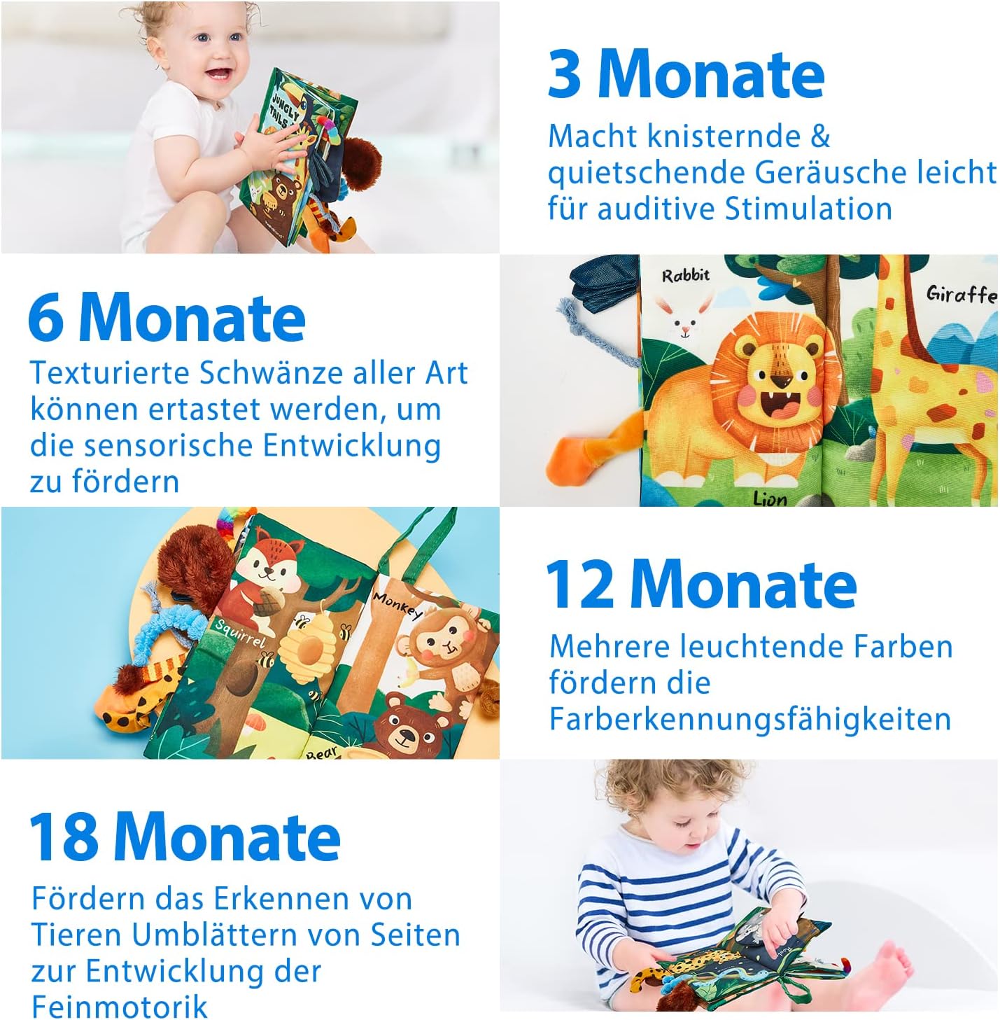 hahaland Baby Spielzeug Stoffbuch ab 0 3 6 Monate, Baby Buch Spielzeug ab 6 Monate, 3D Bilderbuch Stoffbücher Fühlbuch Knisterbuch ab 0 3 6 Monate, Quiet Book Geschenk für Jungen Mädchen